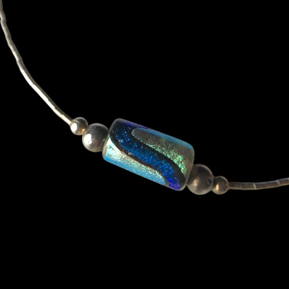 925 dainty art glass two-tone blue bead collar necklace, silver tone